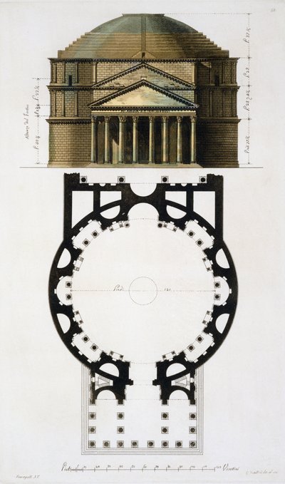 Ground Plan and Facade of the Pantheon, Rome, from Le Costume Ancien et Moderne by Jules Ferrario, engraved by G. Castellini by Fumagalli